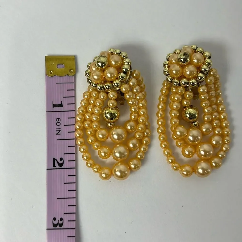 Vintage Faux Pearl Bead Gold Tone Cluster Strand Clip On Earrings OS Retro Glam
